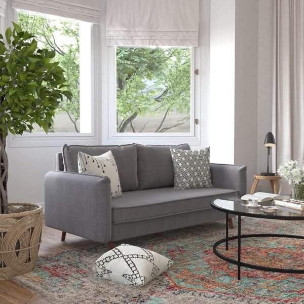 Flash Furniture Evie Mid-Century Modern Sofa - Stone Gray Faux Linen Fabric Upholstery - Real Wood Frame and Legs - Image 2