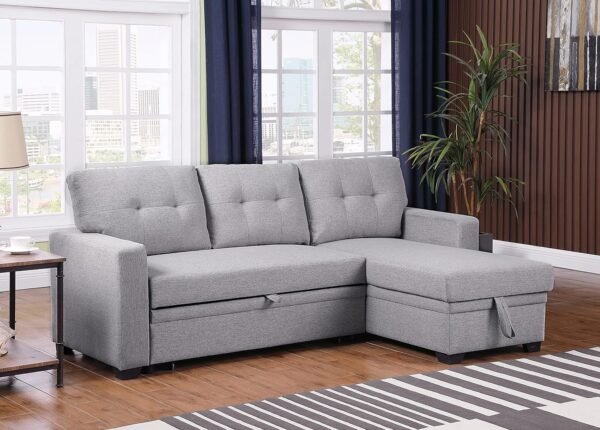 RITSU Button Tufted Sectional L-Shape Pull Up Convertible Sleeper Sofa Bed with Storage Chaise for Living Room, Small Apartment, Dorm, 82 Inch, A4-Light Gray - Image 5