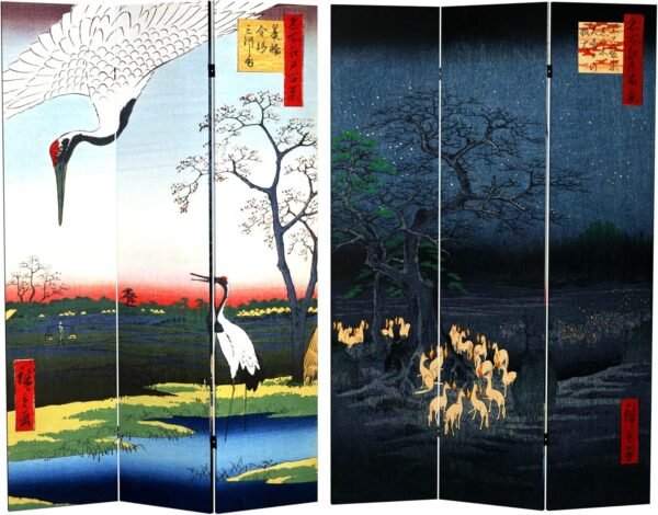 Oriental Furniture 6 ft. Tall Double Sided Hiroshige Room Divider - Cranes/Fox Fire