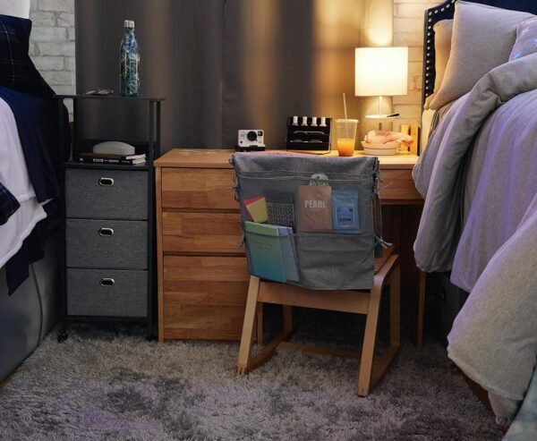 Dormify 3 Drawer Charging Cart on Wheels | 3 Drawers | Fabric Drawers for Clothes & Storage | 1 Oulet & 2 USB Ports | Bedside Storage | Nightstand Organizer | 15" W x 11" D x 39" H | Light Grey - Image 2