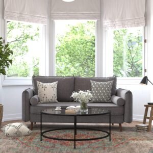 Flash Furniture Evie Mid-Century Modern Sofa – Stone Gray Faux Linen Fabric Upholstery – Real Wood Frame and Legs