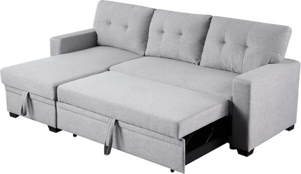 MMTGO Corner Pull Out Sleeper Sofa, with Storage Chaise and Arms, L-Shape Reversible Linen Sectional-Couch for Apartment, Living Room, Home Furniture, 82, Light Gray - Image 7