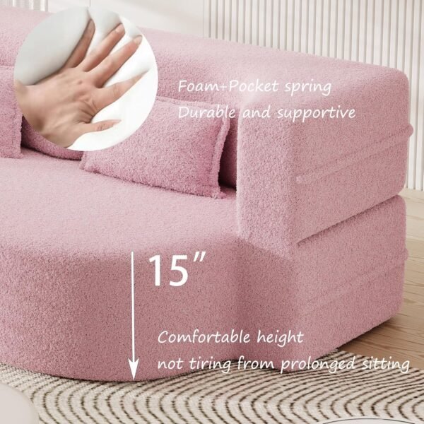 Modern Floor Sofa with 2 Pillows,Convertible Teddy Fabric Foam-Filled Sleeper Sofa Bed,15" Full Size Folding Mattress for Living Room, Guest Bed, Playroom,no assembly required (Pink@091) - Image 2