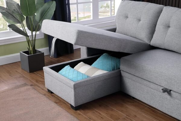 RITSU Button Tufted Sectional L-Shape Pull Up Convertible Sleeper Sofa Bed with Storage Chaise for Living Room, Small Apartment, Dorm, 82 Inch, A4-Light Gray - Image 6