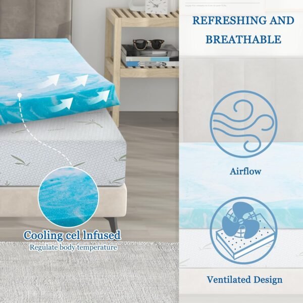 KYLE & KAY 4" Foam Mattress Topper, Queen Memory Mattress, Foam Mattress Topper, College Dorm Mattress, Ventilated and Breathable, Full Cooling Gel, 60 x 80in, Blue - Image 5