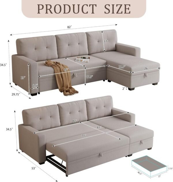 Jintop 82" L-Shape Convertible Sleeper Sectional Sofa with Storage Chaise and Pull-Out Bed,Upholstered Reversible Corner 3 Seater Couch with Button Tufted Backrest & Armrest,for Living Room,Beige - Image 2