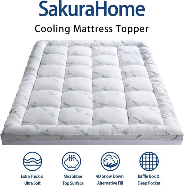 Mattress Topper Short Queen RV Size, Cooling Extra Thick Breathable Viscose Made from Bamboo Mattress pad, Soft Quilted Fitted Mattress Cover with 1000 GSM Down Alternative Fill (8-21”Deep Pocket) - Image 2