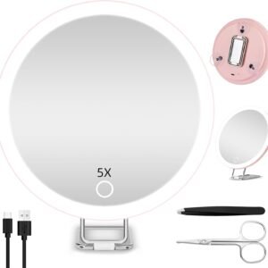 5X Magnifying Mirror with Lights, 6inch Makeup Magnifying Mirror 5X Lighted Magnification Mirror with Adjustable Stand & 3 Suction Cups, Handheld Travel Magnified Mirror Portable 5X Magnifying Mirror