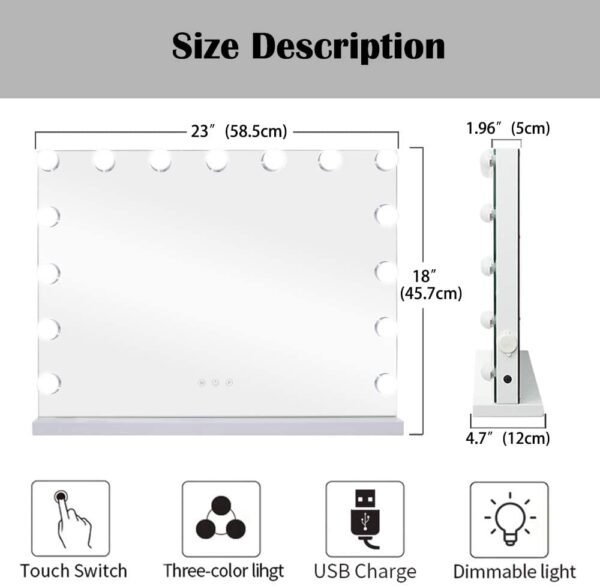 22.8"x 18.1" Vanity Mirror Makeup Mirror with Lights,10X Large Hollywood Lighted Vanity Mirror with 15 Dimmable LED Bulbs,3 Color Modes,Touch Control for Bedroom,Tabletop or Wall-Mounted - Image 5