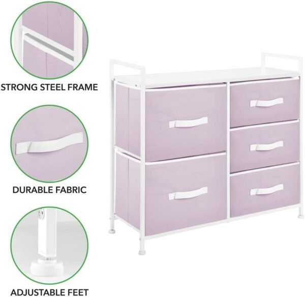 mDesign 30.03" High Steel Frame/Wood Top Storage Dresser Furniture Unit with 5 Removable Fabric Drawers - Tall Bureau Organizer for Bedroom, Living Room, Closet - Jane Collection - Light Purple/White - Image 4