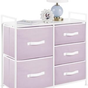 mDesign 30.03″ High Steel Frame/Wood Top Storage Dresser Furniture Unit with 5 Removable Fabric Drawers – Tall Bureau Organizer for Bedroom, Living Room, Closet – Jane Collection – Light Purple/White