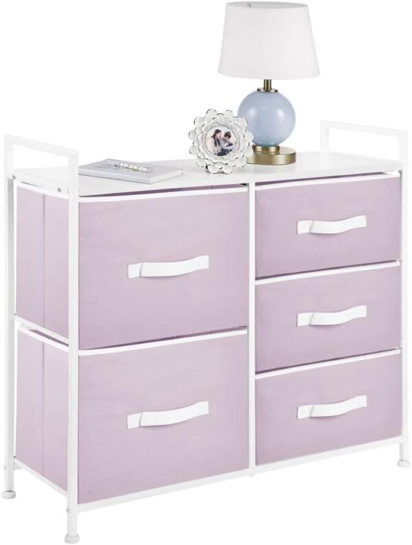 mDesign 30.03" High Steel Frame/Wood Top Storage Dresser Furniture Unit with 5 Removable Fabric Drawers - Tall Bureau Organizer for Bedroom, Living Room, Closet - Jane Collection - Light Purple/White