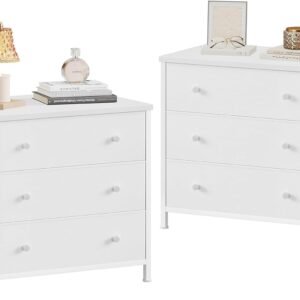 BOLUO White Nightstands Set of 2, Large Night Stand Fabric 3 Drawer Dresser for Bedroom Closet,Girls Modern