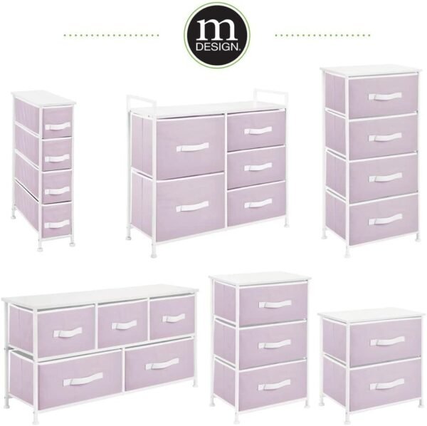 mDesign 30.03" High Steel Frame/Wood Top Storage Dresser Furniture Unit with 5 Removable Fabric Drawers - Tall Bureau Organizer for Bedroom, Living Room, Closet - Jane Collection - Light Purple/White - Image 6