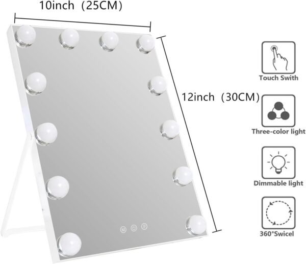 Zdorzi 10"x 12" Vanity Mirror with Lights, Hollywood Lighted Makeup Mirror with 3 Color Modes and 12 Dimmable Diamond LED Light Bulbs, Touch Control for Bedroom, White - Image 4