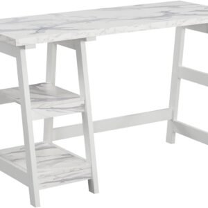 Convenience Concepts Designs2Go Trestle Desk 47″ – Modern Desk or Vanity with Shelves, for Office, Dorm, Living Room, White Faux Marble/White