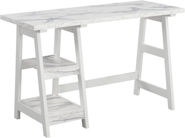 Convenience Concepts Designs2Go Trestle Desk 47" - Modern Desk or Vanity with Shelves, for Office, Dorm, Living Room, White Faux Marble/White