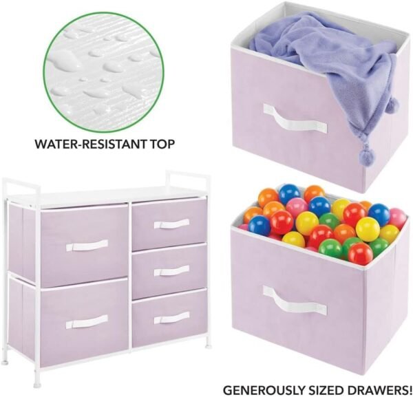 mDesign 30.03" High Steel Frame/Wood Top Storage Dresser Furniture Unit with 5 Removable Fabric Drawers - Tall Bureau Organizer for Bedroom, Living Room, Closet - Jane Collection - Light Purple/White - Image 5