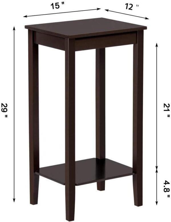 Topeakmart 2-Tier Tall End Table with Storage Shelf and Solid Wood Legs, Sofa Side Table Telephone Table for Living Room/Couch/Hallway/Small Spaces, D12xW15xH29 Inches, Dark Coffee - Image 3
