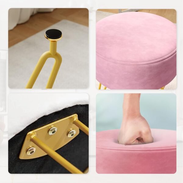 Ottoman Velvet Vanity Stool - Stool for Bedroom,Make Up Chiar Soft Footrest 3 Metal Legs with Anti-Slip Feet，Vanity Chair for Makeup Room,Living Room,Bathroom,Dormroom Light Pink Vanity Chair - Image 6