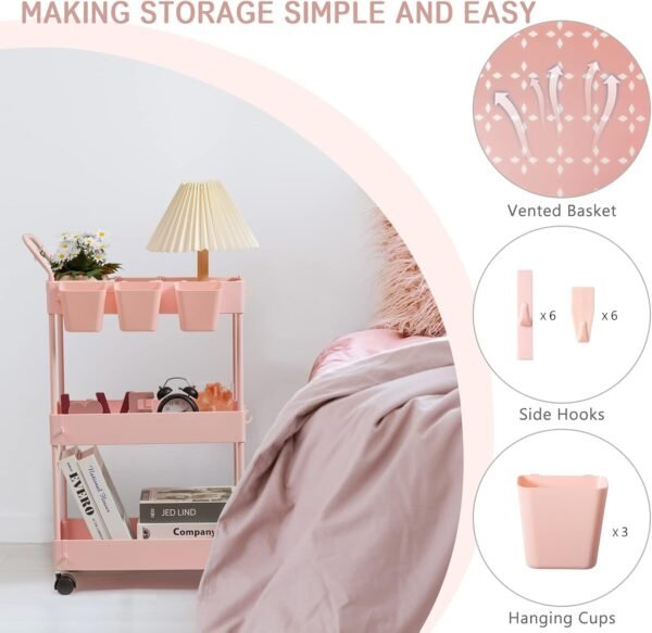 danpinera Slim Storage Cart, 3 Tier Narrow Rolling Cart on Wheels Bathroom Organizer Cart with Dividers Handle Hanging Cups Hooks for Laundry Room Kitchen Small Spaces, Pink - Image 3
