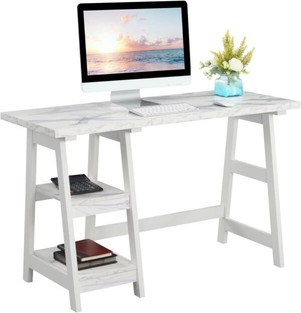 Convenience Concepts Designs2Go Trestle Desk 47" - Modern Desk or Vanity with Shelves, for Office, Dorm, Living Room, White Faux Marble/White - Image 4