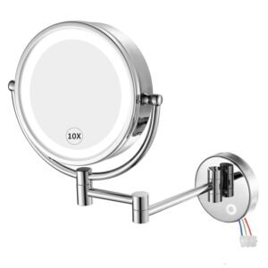 GURUN Wall Mounted Hardwired Makeup Mirror with 3 Tones Dimmable LED Lights 10x Magnifying Mirror with Touch Control for Bathroom Bedroom 13″ Extendable Arm Direct Wire M1809D-T(10x,Chrome)