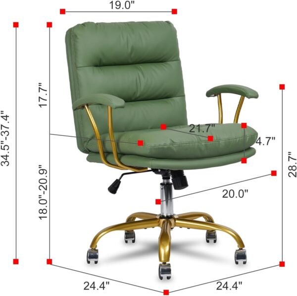 Home Office Chair, Mid-Back PU Leather Ergonomic Task Desk Chair with Wheels and Gold Arms Comfortable Swivel Computer Chairs with Gold Foot for Dresser Bedroom Study Meeting (Green) - Image 3