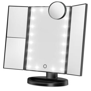 Makeup Mirror Vanity Mirror with Lights, Lighted Makeup Mirror with 1X 2X 3X 10X Magnifying, Touch Control Design, Dual Power Supply, Portable LED Makeup Mirror, Women Gift (Black+10X)