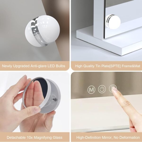 Hollywood Vanity Mirror with Lights, Tabletop Makeup Mirror with 20 Dimmable LED Bulbs, 3 Color Lighting Modes, Vanity Mirror for Bedroom, Touch Control, Tabletop or Wall-Mounted, White - Image 5