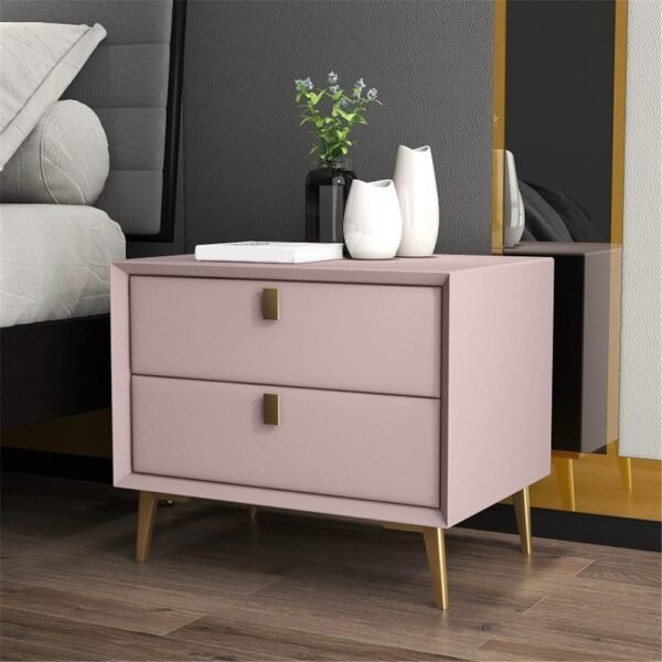 Side Table, Nordic End Table with 2 Drawers Modern Leather Nightstand Mid Century Bed Side Table Wood Accent Table for Bedroom Living Room Cabinet Storage, Khaki 18" L x 16" W x 18.5" H - Image 3
