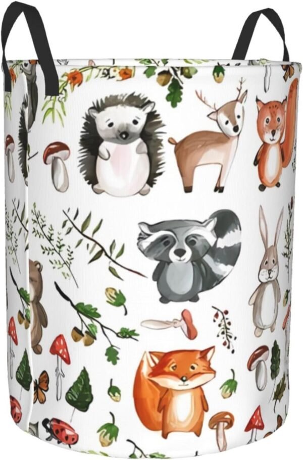 Cute Woodland Animals Laundry Hamper with Durable Handle Waterproof Collapsible Laundry Basket Circular Dirty Clothes Storage Basket for Bedroom Bathroom and Nursery - Image 2