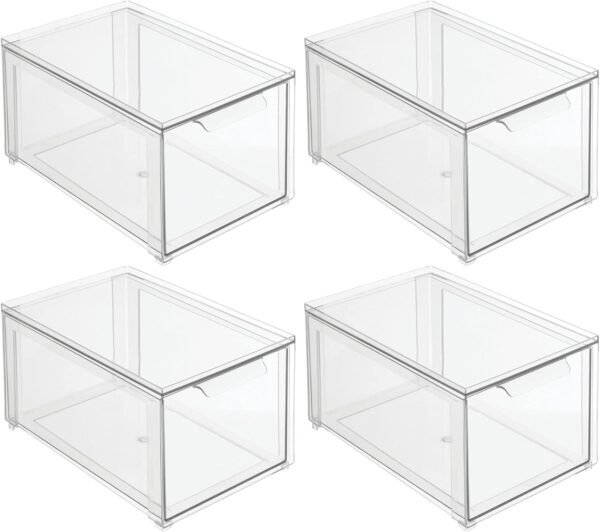 mDesign Plastic Closet Organizer Bin w/Pull Out Drawer - Stackable Storage for Closet - Organization for Shoes, Clothes, Bags, Totes, Small Linens, and More - Lumiere Collection - 4 Pack - Clear - Image 10