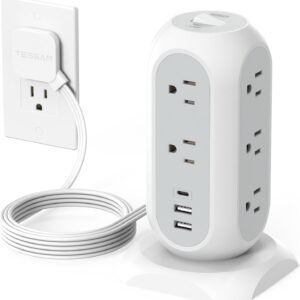 Tower Power Strip Flat Plug with 11 Outlets 3 USB (1 USB C), TESSAN Surge Protector Tower 1625W/13A,1050J Protection, 6 Feet Extension Cord with Multiple Outlets, Office Desk Supplies, Dorm Essentials