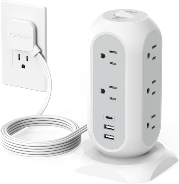 Tower Power Strip Flat Plug with 11 Outlets 3 USB (1 USB C), TESSAN Surge Protector Tower 1625W/13A,1050J Protection, 6 Feet Extension Cord with Multiple Outlets, Office Desk Supplies, Dorm Essentials