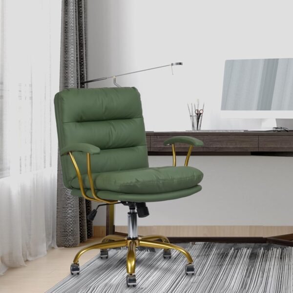 Home Office Chair, Mid-Back PU Leather Ergonomic Task Desk Chair with Wheels and Gold Arms Comfortable Swivel Computer Chairs with Gold Foot for Dresser Bedroom Study Meeting (Green) - Image 7