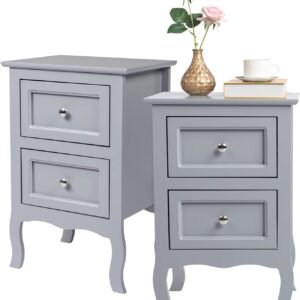 Nightstand Set of 2, End Table with 2 Drawers, Bed Side Table/Night Stand for Bedroom, Small Spaces, College Dorm, Kids’ Room, Living Room, Wood, 16W x 12D x 24H (2pcs Grey)