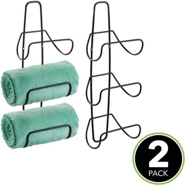 mDesign Metal Wall Mount 3 Level Bathroom Towel Rack Holder & Organizer - for Storage of Washcloths, Hand Towels - Use in Guest, Master, Kid's Bathrooms - 2 Pack - Black - Image 2