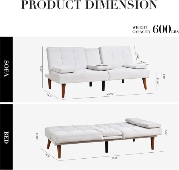 COLAMY Futon Sofa Bed-Fabric Small Futon Couch, Futon Lounge Sofa, Futon Convertible with 2 Cup Holders, Removable Soft Armrest, Adjustable Backrest for Dorm/Bedroom/College Beige - Image 3
