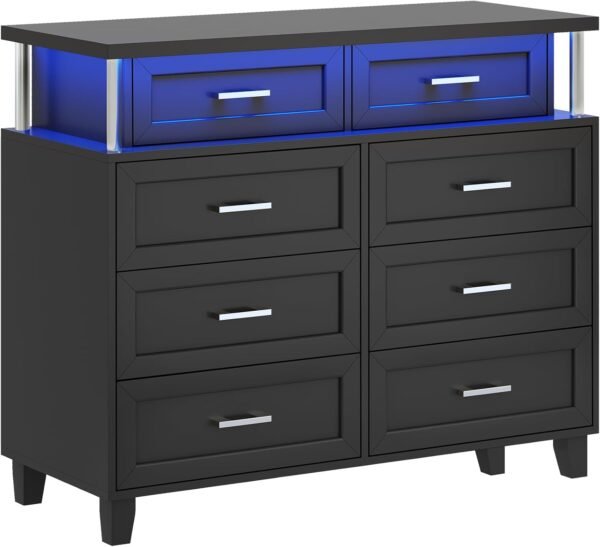 AOGLLATI Dresser for Bedroom with Column Design, Black Dresser with Cladding Process Design, 8 Drawer Short Modern Wide Bedroom LED Dresser for Bedroom - Image 5