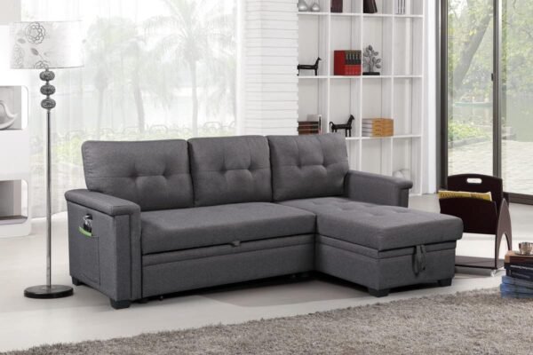 Lilola Home Ashlyn Dark Gray Reversible Sleeper Sectional Sofa with Storage Chaise, USB Charging Ports and Pocket - Image 7