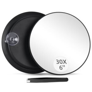 Round 30X Magnifying Mirror, 6 Inch Magnified Mirror with Three Mounting Suction Cups, Compact Magnifying Mirror and Tweezers, 30X Magnification Travel Makeup Kit for Shaving,Blackhead Blemish Removal