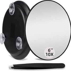 10X Magnifying Mirror, 6” Makeup Mirror with 10X Magnification, 10X Magnifying Mirror with Suction Cups, Large Makeup Magnifying Mirror Compact Magnified Mirror, Round Makeup Magnification & Tweezers