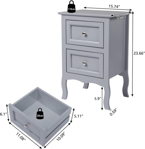 Nightstand Set of 2, End Table with 2 Drawers, Bed Side Table/Night Stand for Bedroom, Small Spaces, College Dorm, Kids’ Room, Living Room, Wood, 16W x 12D x 24H (2pcs Grey) - Image 3