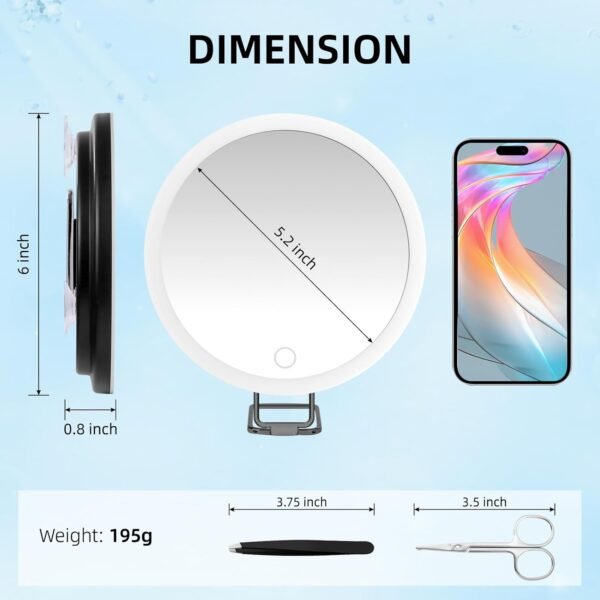 30X Magnifying Mirror with Light, Large 6'' Magnifying Makeup Mirror with Light 30x, Travel Mirror with 30X High Magnification Compact 30x Magnified Mirror with Light, 3 Suction Cup & Adjustable Stand - Image 3