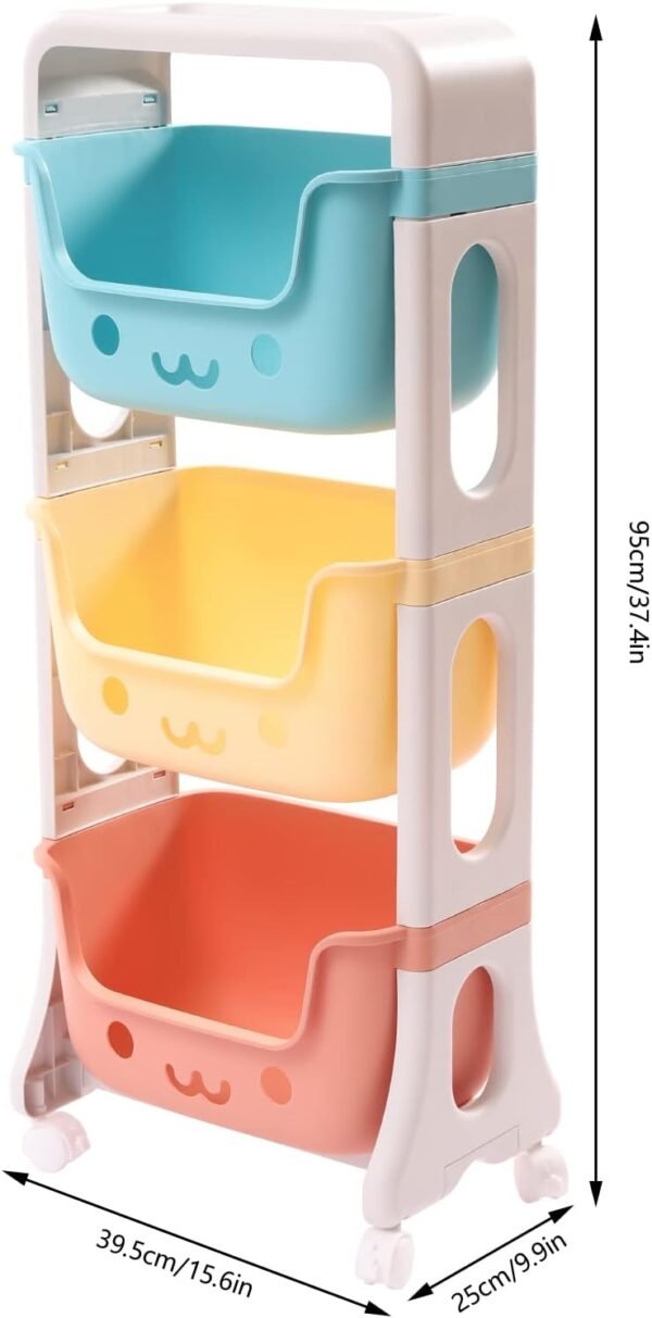Storage Bins with Fixed Wheels, Three-Layer Toy Storage Cubes Box, Toy Organizer with 3 Toy Stacking Bins, Toy Box Container as Birthday Gift with U-Shaped Opening, Capacity22.04lbs - Image 3