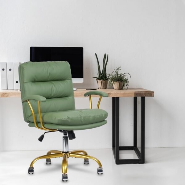 Home Office Chair, Mid-Back PU Leather Ergonomic Task Desk Chair with Wheels and Gold Arms Comfortable Swivel Computer Chairs with Gold Foot for Dresser Bedroom Study Meeting (Green) - Image 2