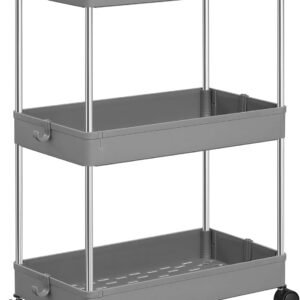 SONGMICS Slim Storage Cart, 3-Tier Rolling Cart, Narrow Utility Cart on Wheels, 6 Hooks, 360° Swivel Wheels, Lockable, Steel Frame, Bathroom, Kitchen, Office, Dove Gray UKSC009G01