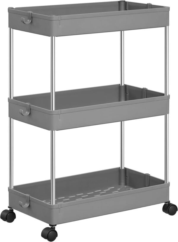SONGMICS Slim Storage Cart, 3-Tier Rolling Cart, Narrow Utility Cart on Wheels, 6 Hooks, 360° Swivel Wheels, Lockable, Steel Frame, Bathroom, Kitchen, Office, Dove Gray UKSC009G01