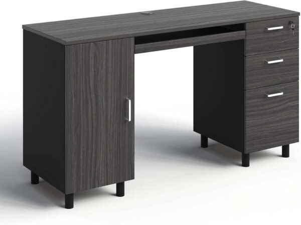 Modern Design By Crafts & comfort Venice Computer Desk - Office Desk with 3 Drawers & CPU Storage Cabinet - Laptop Workstation with Keyboard Tray & Cable Hole - Home & Office Supplies -Slate/Black - Image 3
